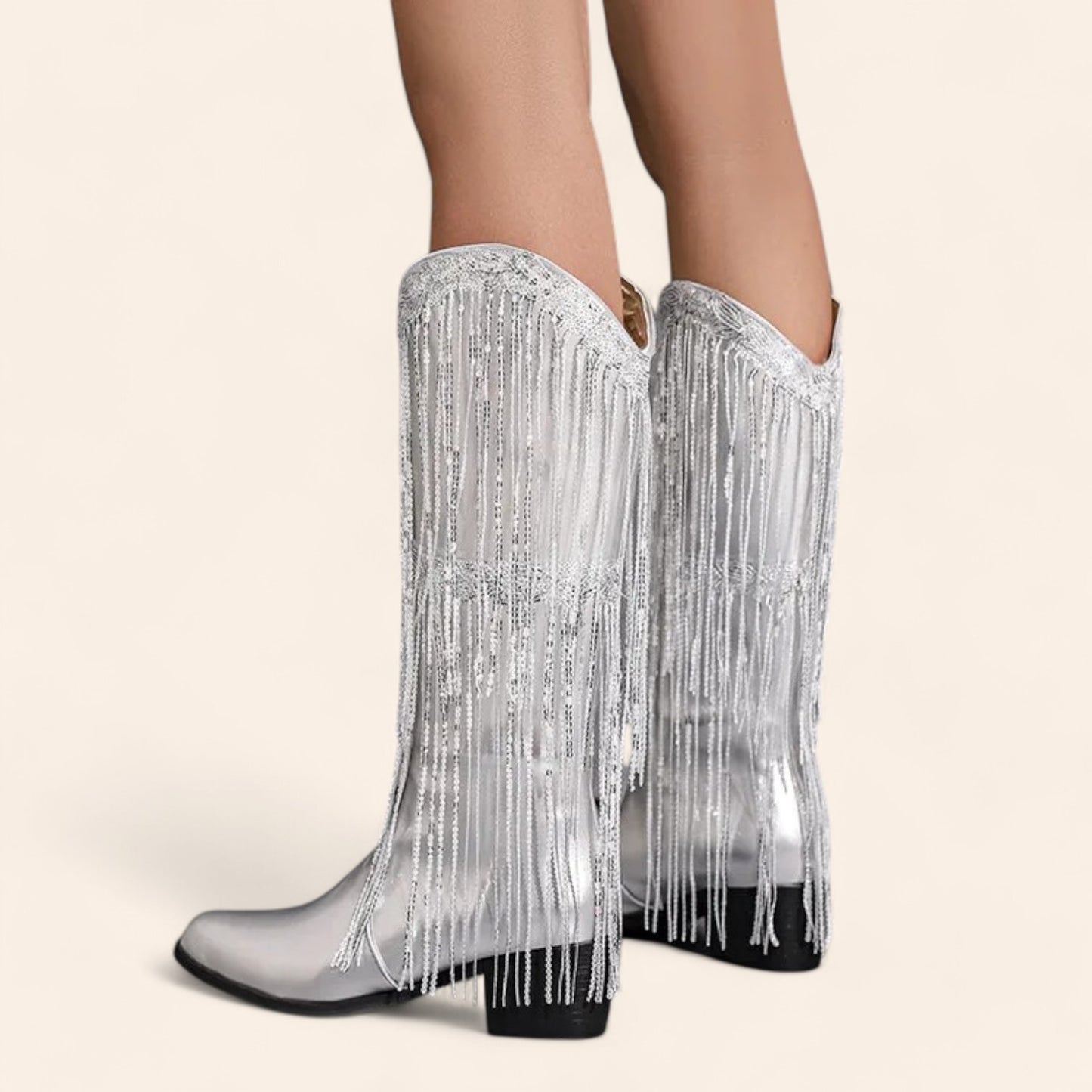 Silver cowboy boots with fringes and black sole - N°37