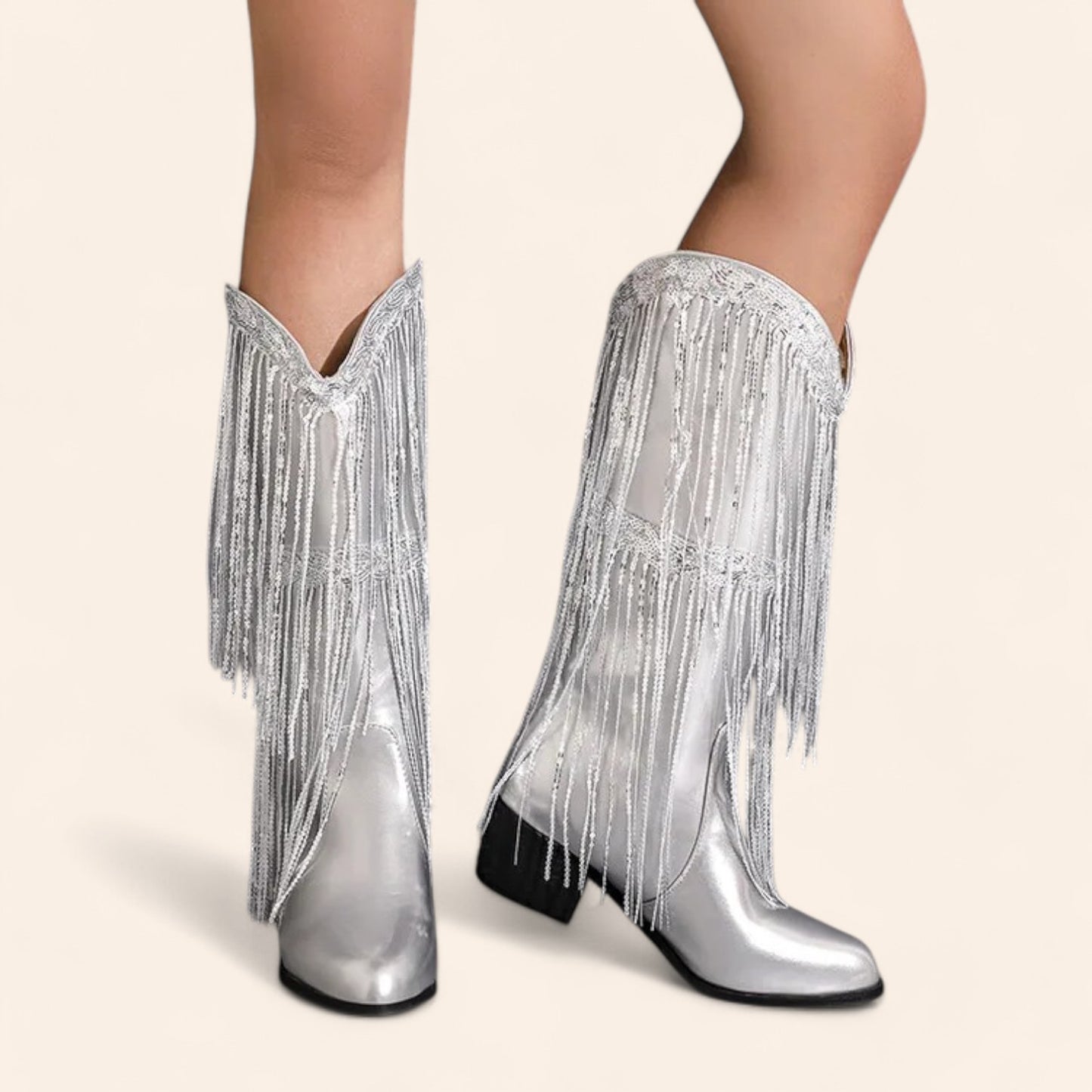 Silver cowboy boots with fringes and black sole - N°37