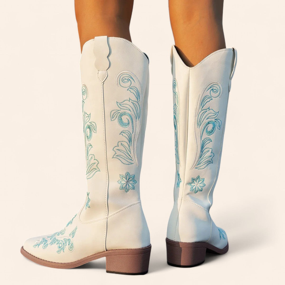 White suede cowboy boots with blue embroidery - N°12