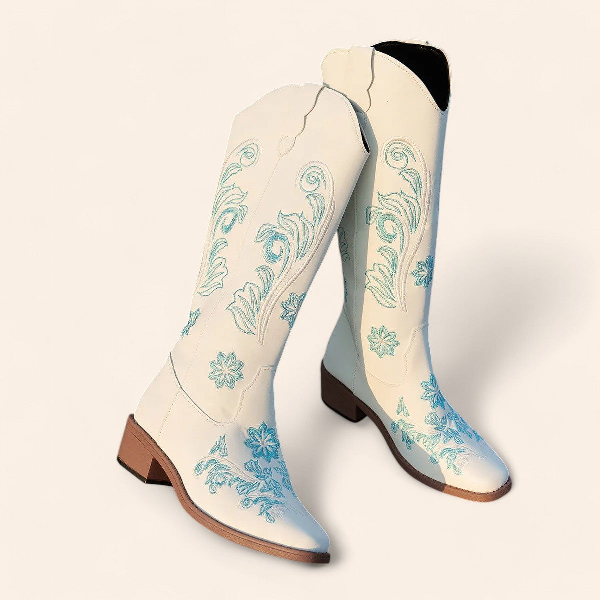 White suede cowboy boots with blue embroidery - N°12