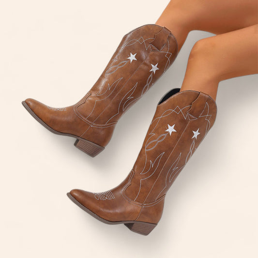 Brown cowboy boots with star embroidery - N°126