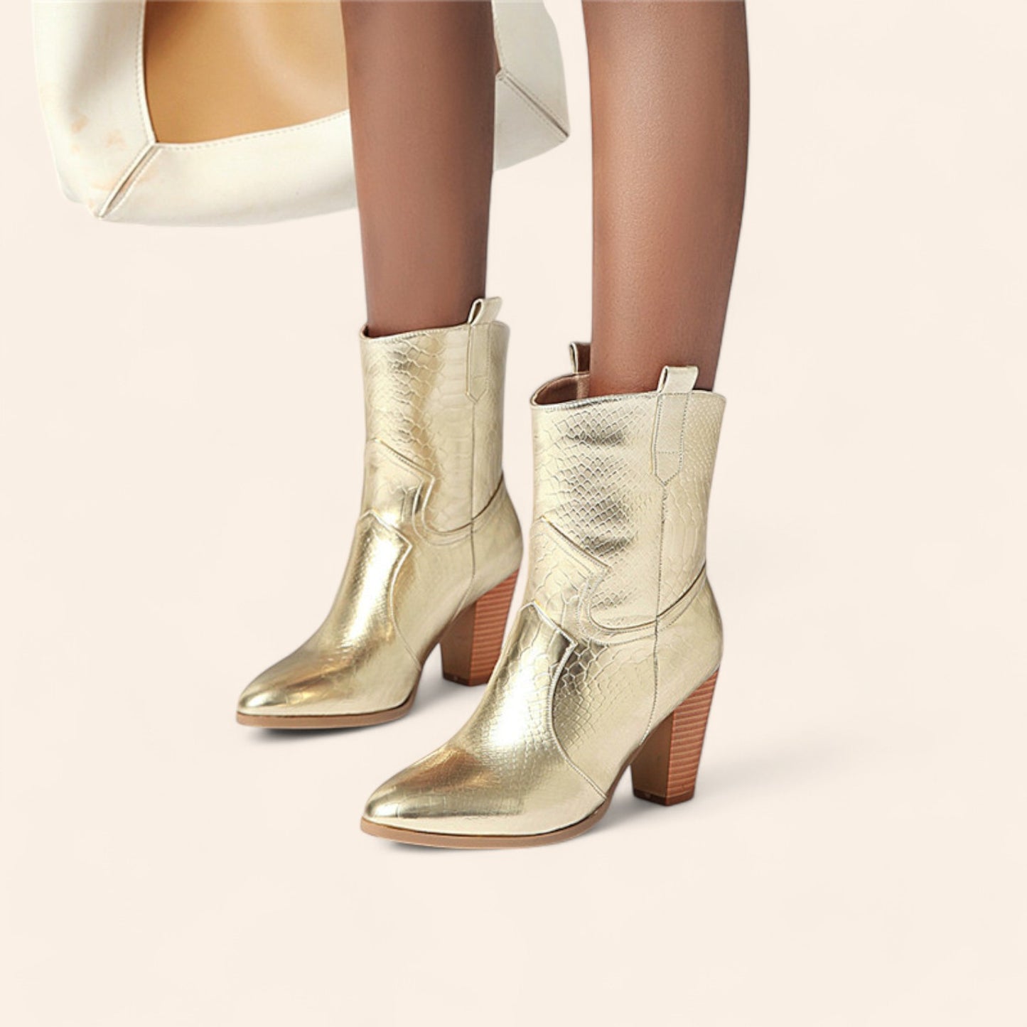 Gold cowboy ankle boots - crocodile-style texture - N°101