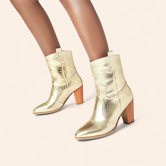 Gold cowboy ankle boots - crocodile-style texture - N°101