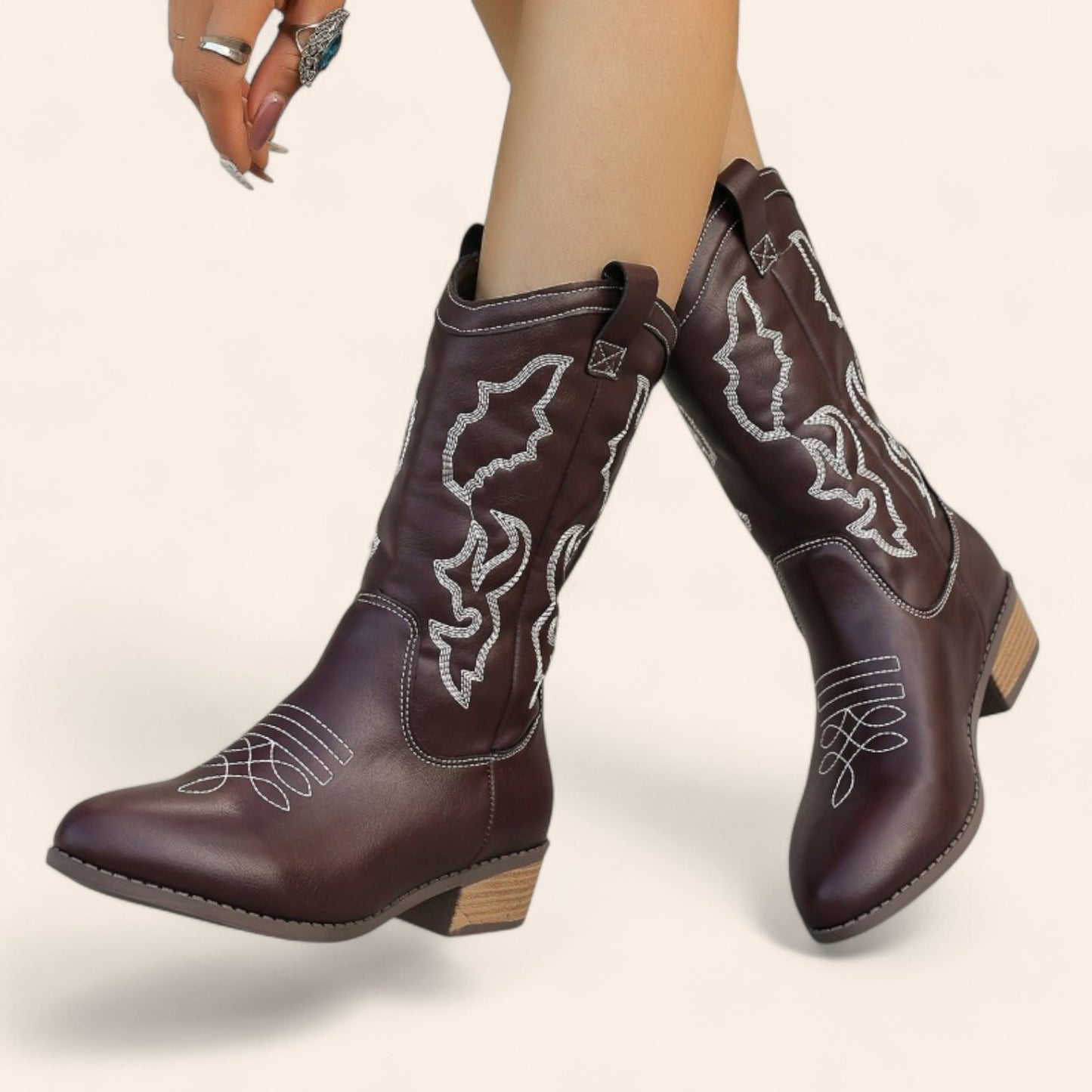 Coffee-brown cowboy boots with white side embroidery - N°107