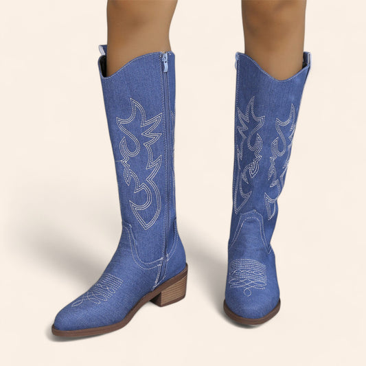 Blue cowboy boots with embroidery - denim-style - N°147