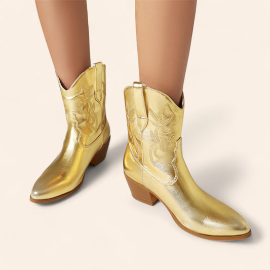 Gold cowboy ankle boots with embroidery - N°100