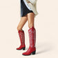 Red cowboy boots with embroidery and black heel - N°82