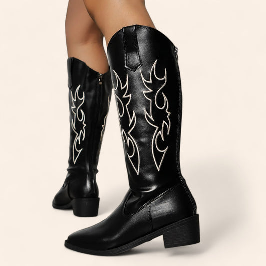 Black smooth leather cowboy boots with embroidery - N°111