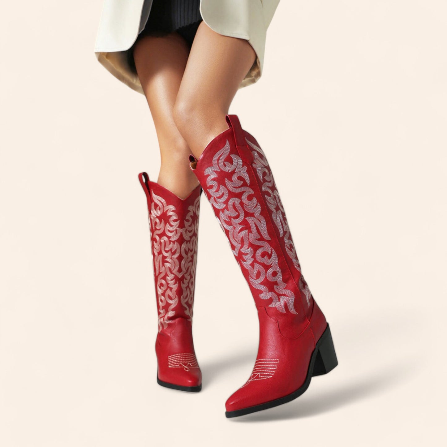 Red cowboy boots with embroidery and black heel - N°82