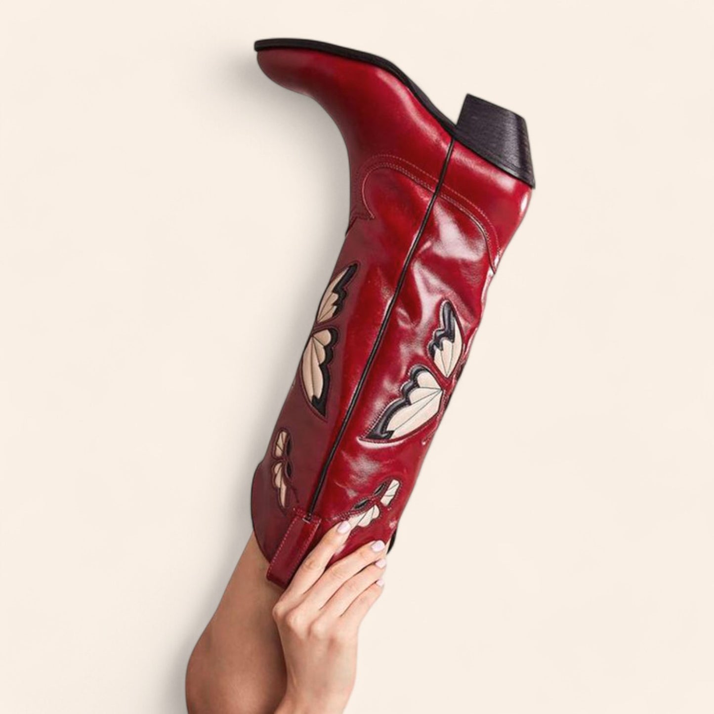 Red cowboy boots with butterfly embroidery - N°88