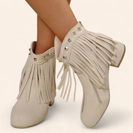 Cream beige cowboy boots in suede with fringes and rhinestones - N°140