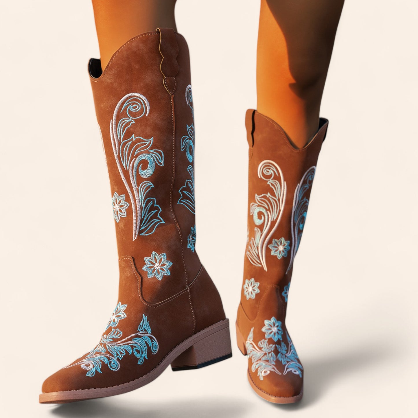 Brown suede cowboy boots with blue embroidery - N°95