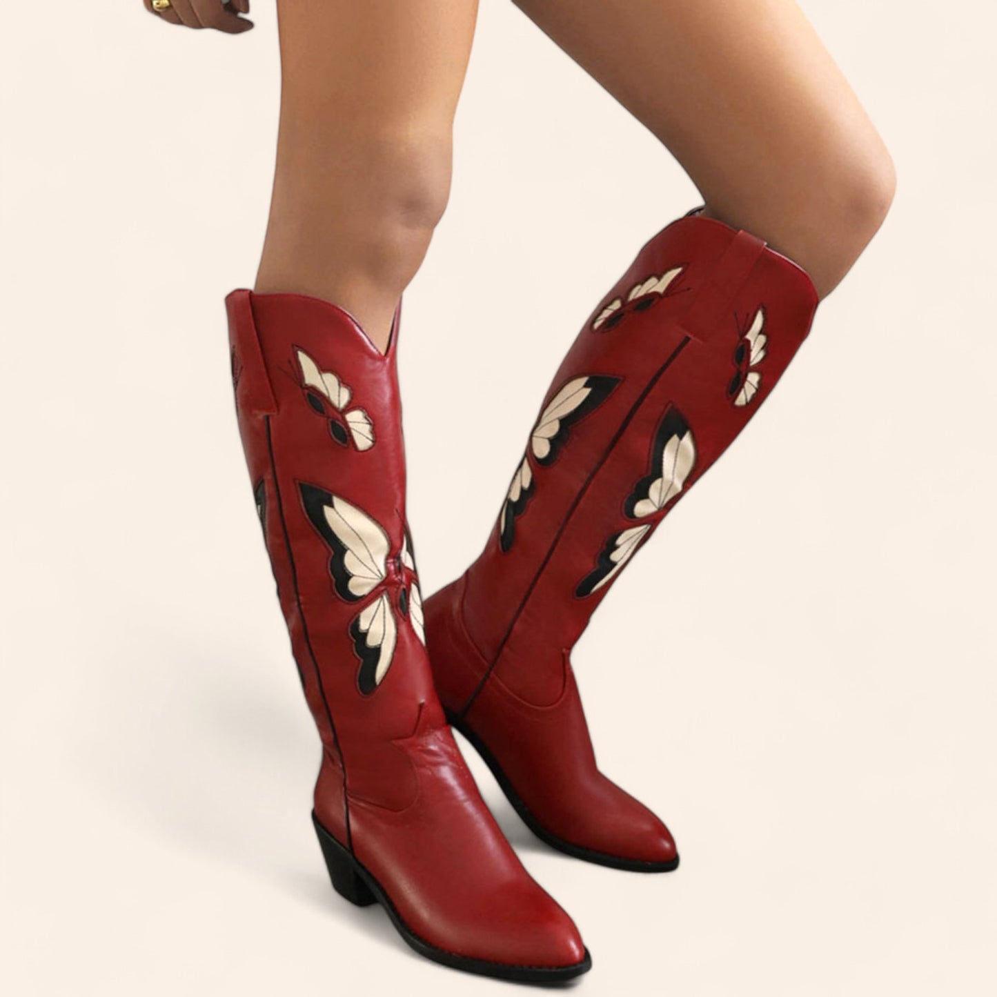 Red cowboy boots with butterfly embroidery - N°88