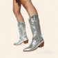 Silver cowboy boots with a buckle and embroidery - N°38