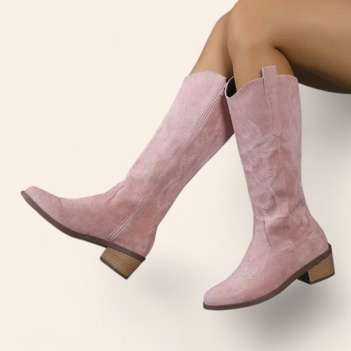 Pink suede cowboy boots with a round toe - N°78