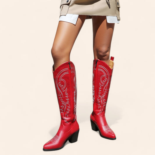 Red cowboy boots with embroidery and large zipper - N°84