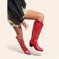Red cowboy boots with embroidery and large zipper - N°84