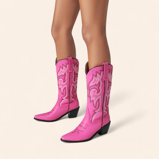 Pink cowboy boots with black and white embroidery - N°75