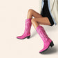 Pink cowboy boots with black and white embroidery - N°75