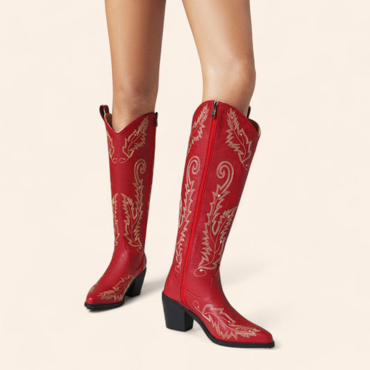 Red cowboy boots with white embroidery - N°90