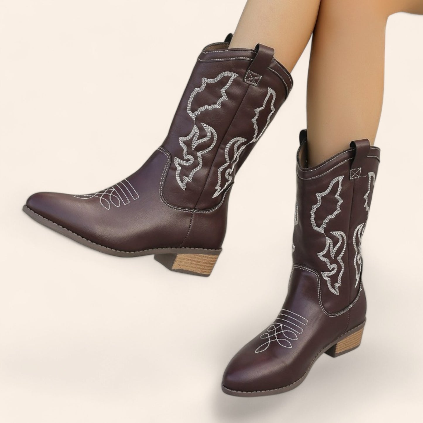 Coffee-brown cowboy boots with white side embroidery - N°107