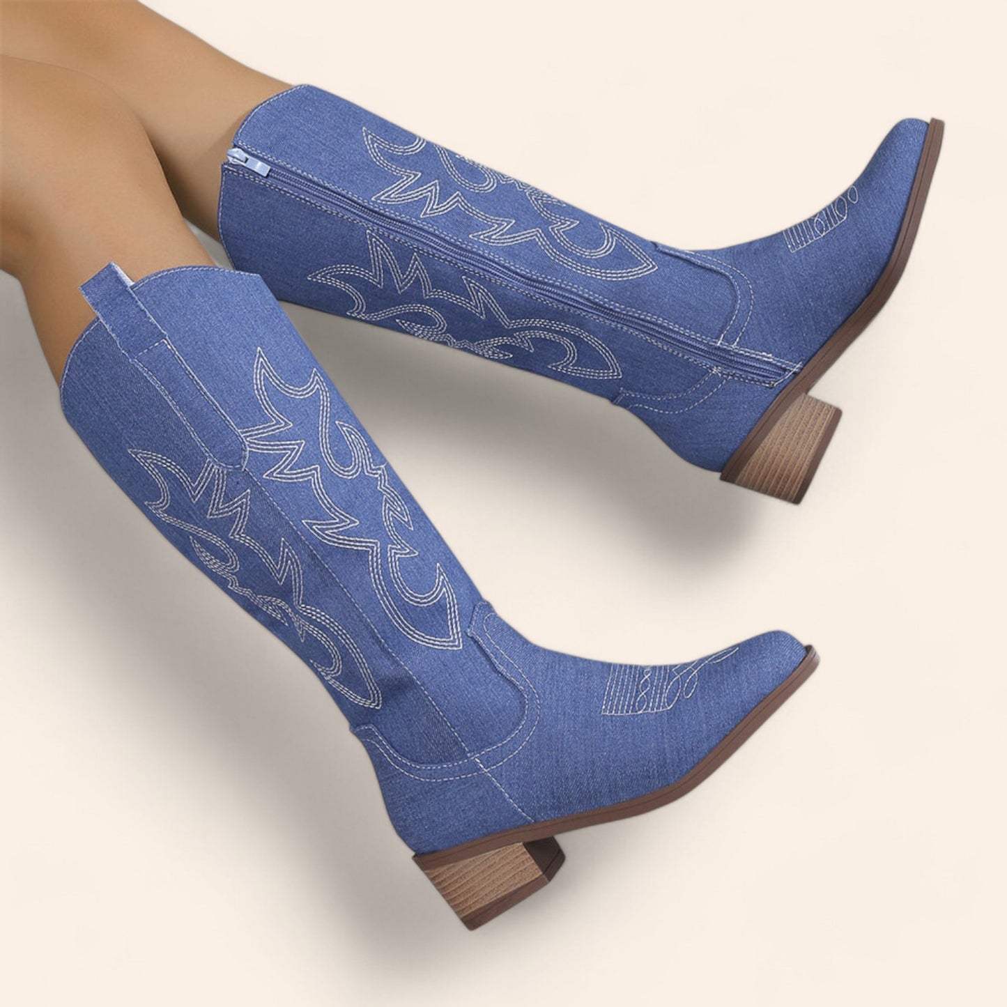 Blue cowboy boots with embroidery - denim-style - N°147