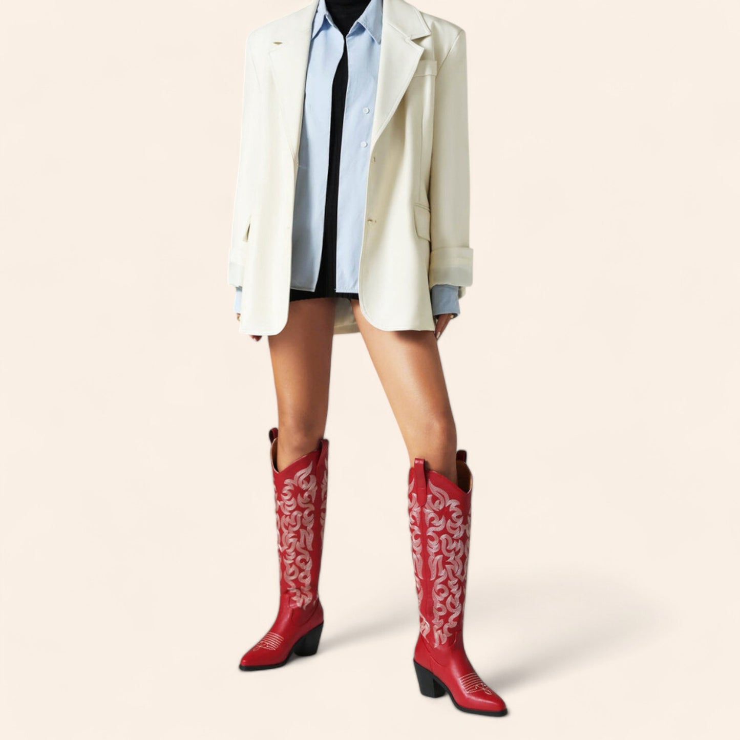 Red cowboy boots with embroidery and large zipper - N°84