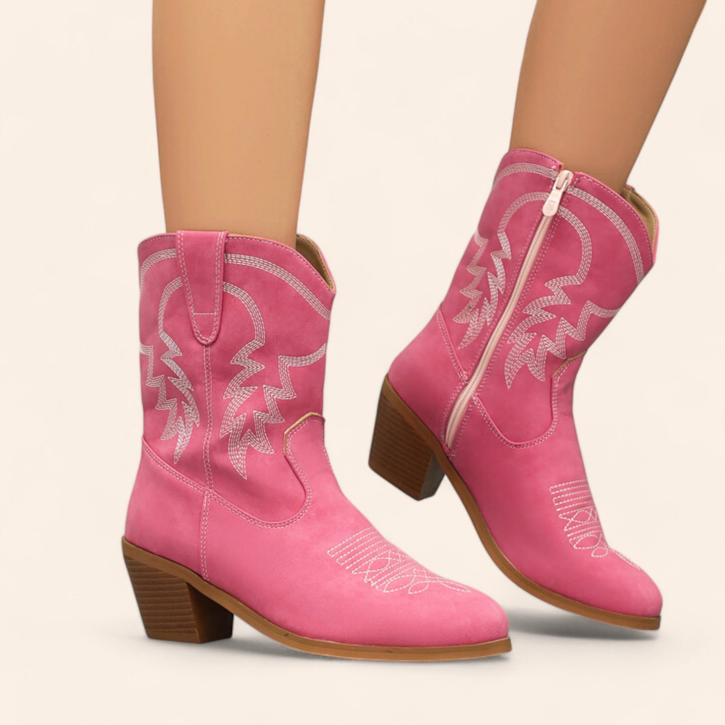 Pink cowboy ankle boots with white embroidery - N°76