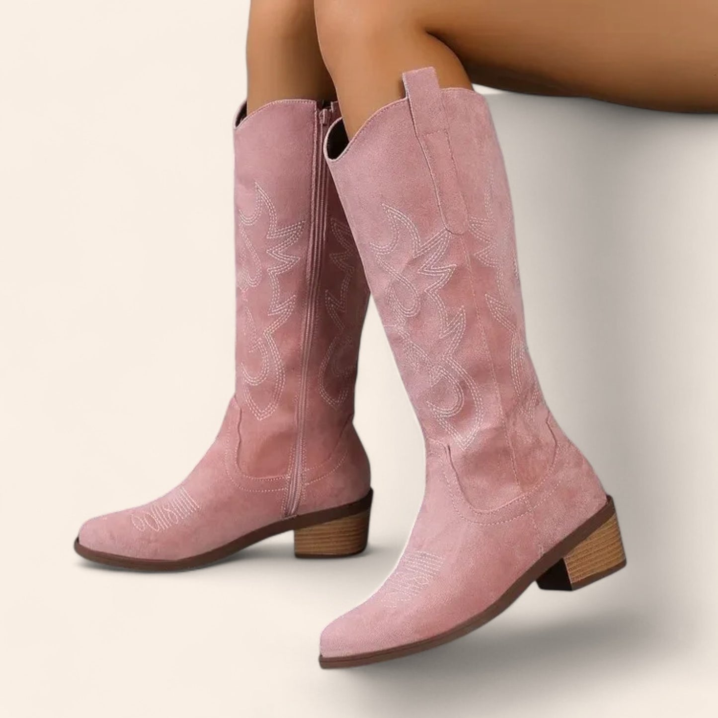 Pink suede cowboy boots with a round toe - N°78