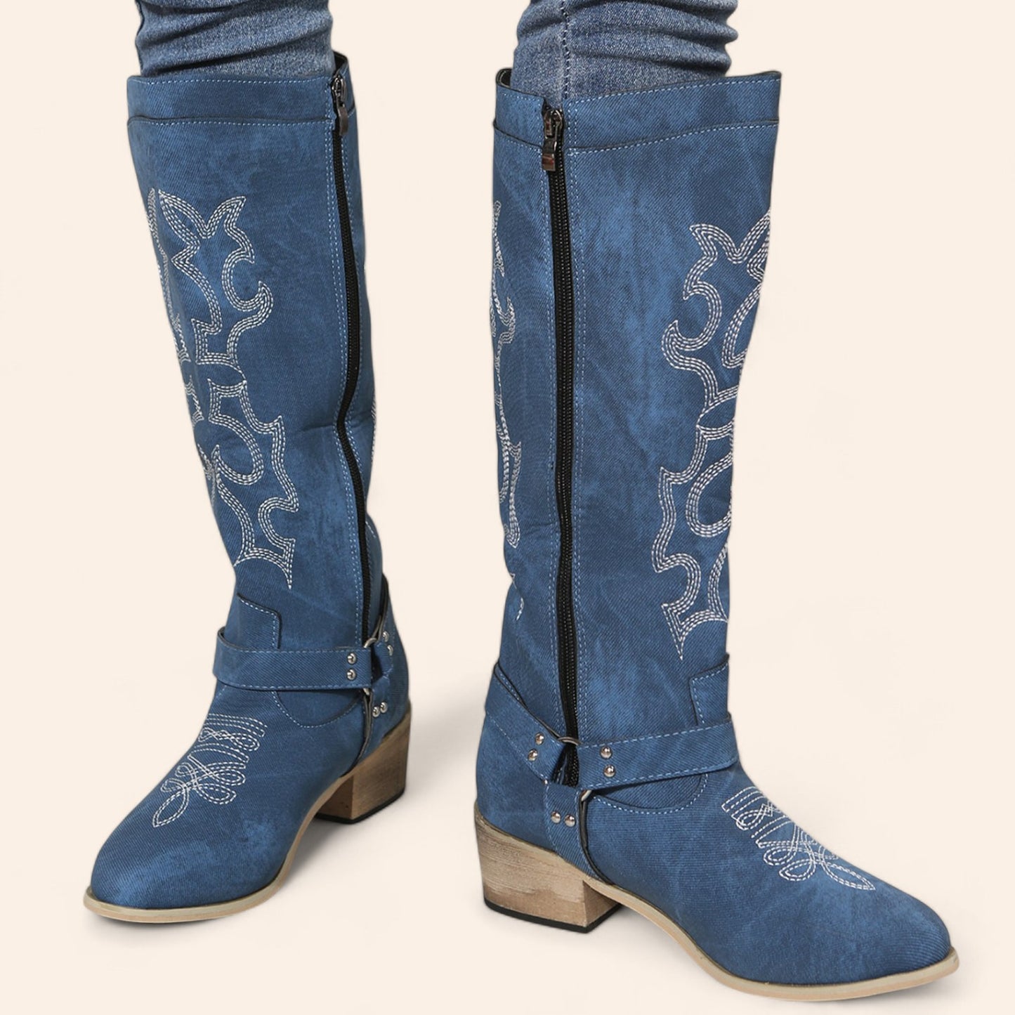 Wide blue cowboy boots with a buckle - N°143