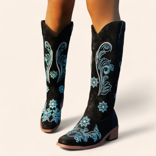 Black suede cowboy boots with blue embroidery - N°94