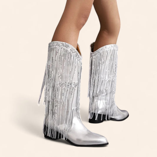 Silver cowboy boots with fringes and black sole - N°37