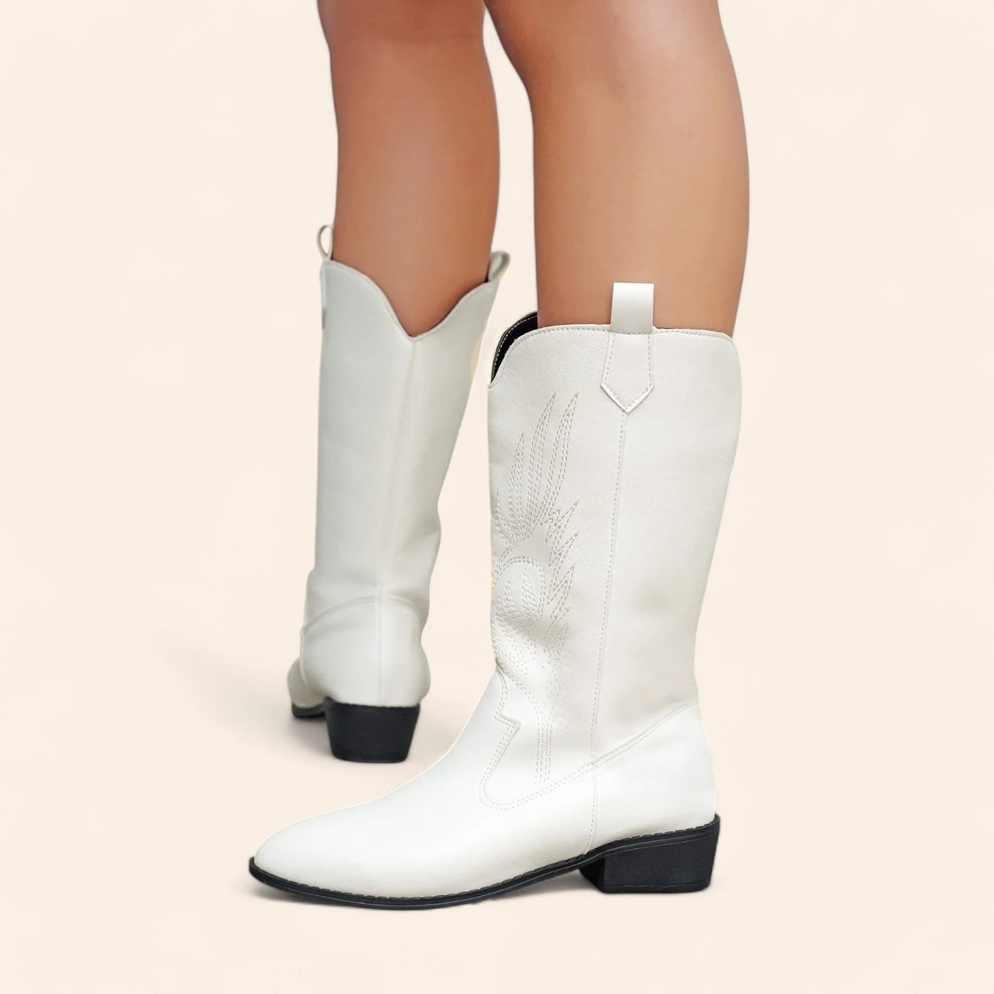 White cowboy boots with black soles and subtle embroidery - N°22