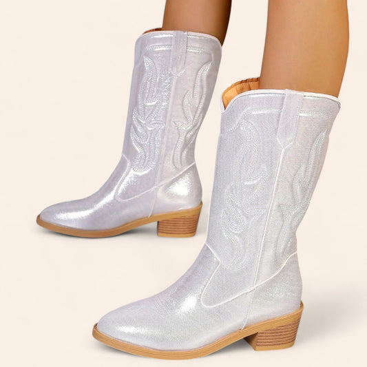 Shiny silver cowboy boots with embossed embroidery - N°115