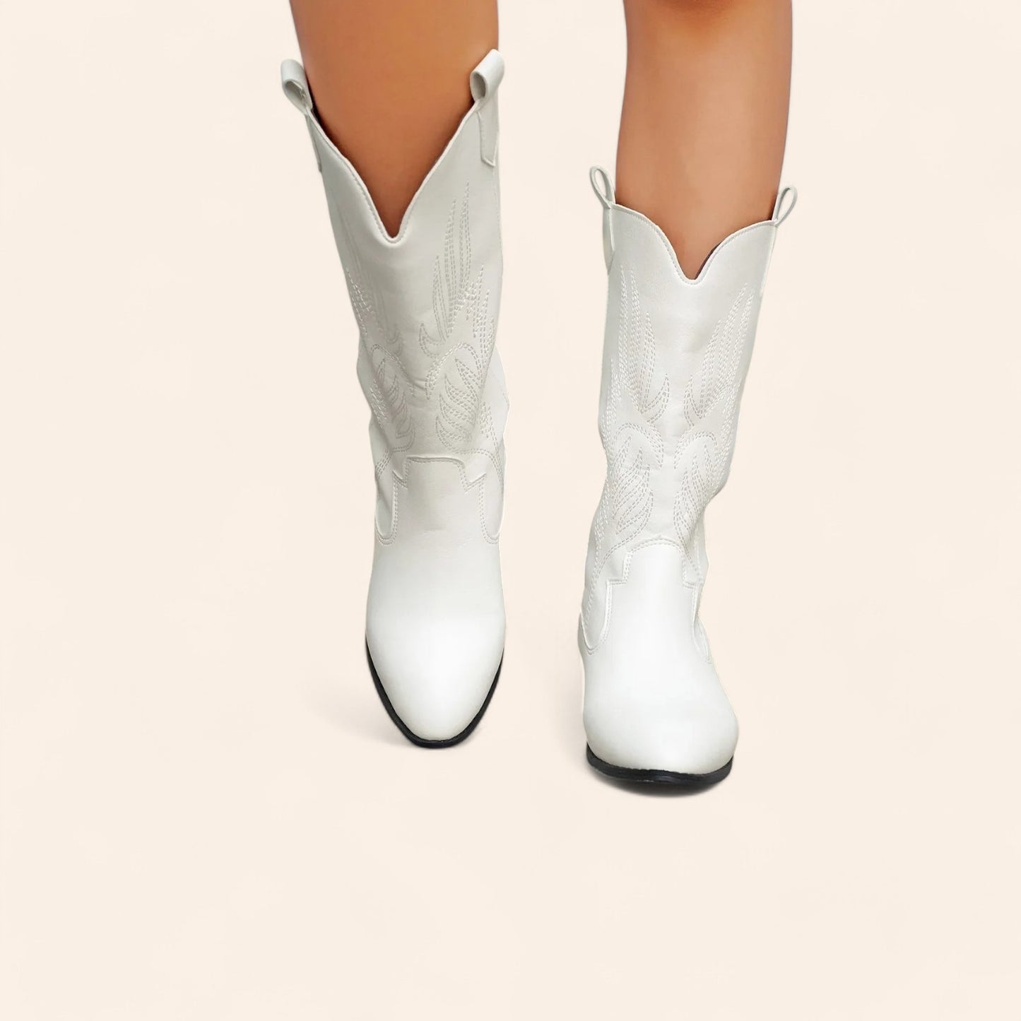 White cowboy boots with black soles and subtle embroidery - N°22