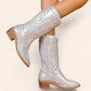 Shiny silver cowboy boots with embossed embroidery - N°115