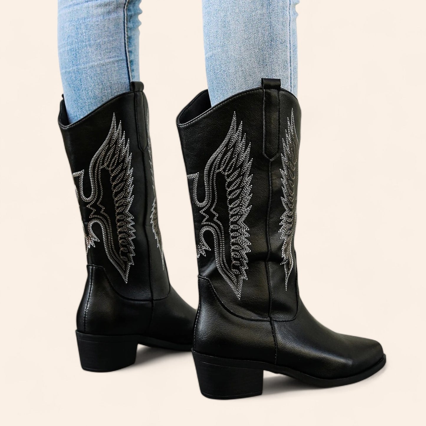 Black cowboy boots with bird embroidery - N°118