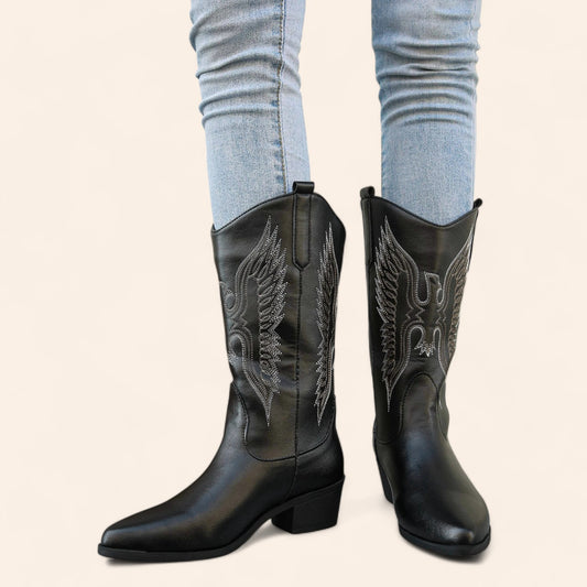 Black cowboy boots with bird embroidery - N°118