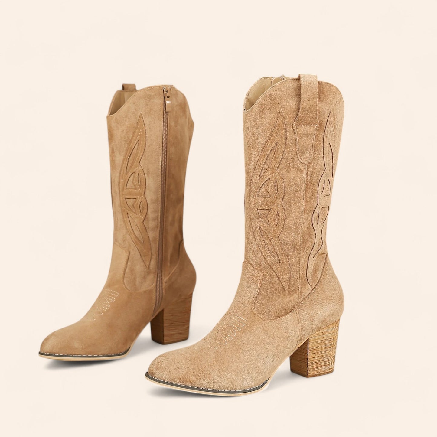 Beige suede cowboy boots with embroidery - N°139