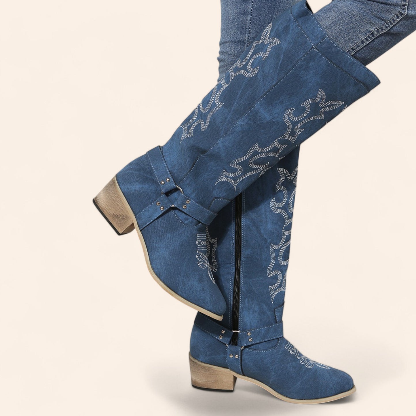 Wide blue cowboy boots with a buckle - N°143