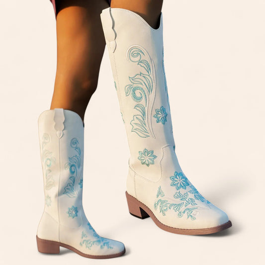 White suede cowboy boots with blue embroidery - N°12