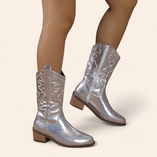 Silver cowboy boots with embossed embroidery - N°34