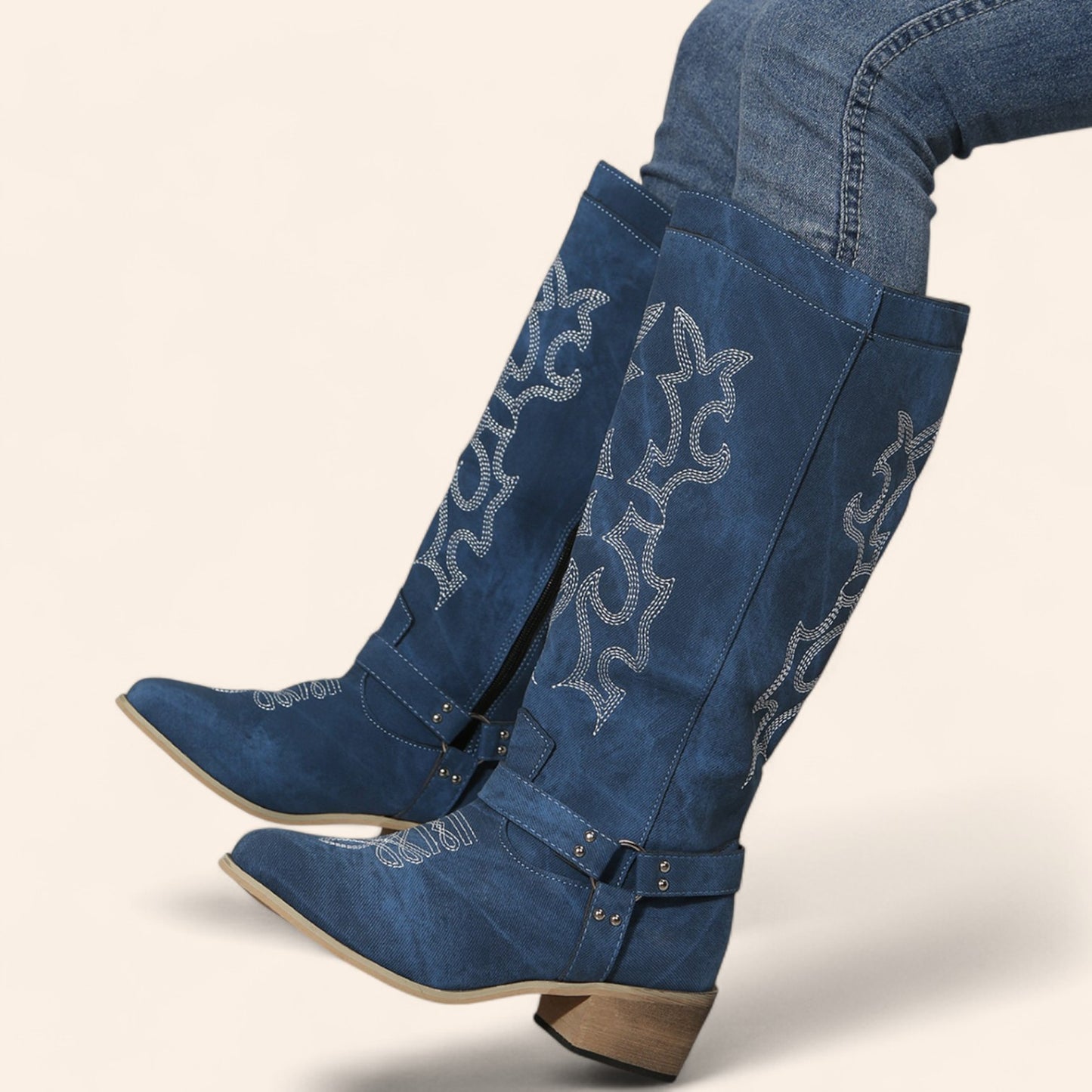 Wide blue cowboy boots with a buckle - N°143