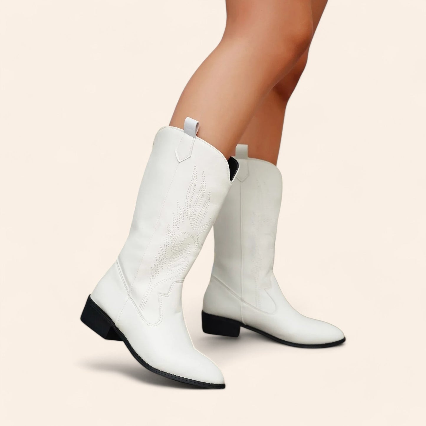 White cowboy boots with black soles and subtle embroidery - N°22