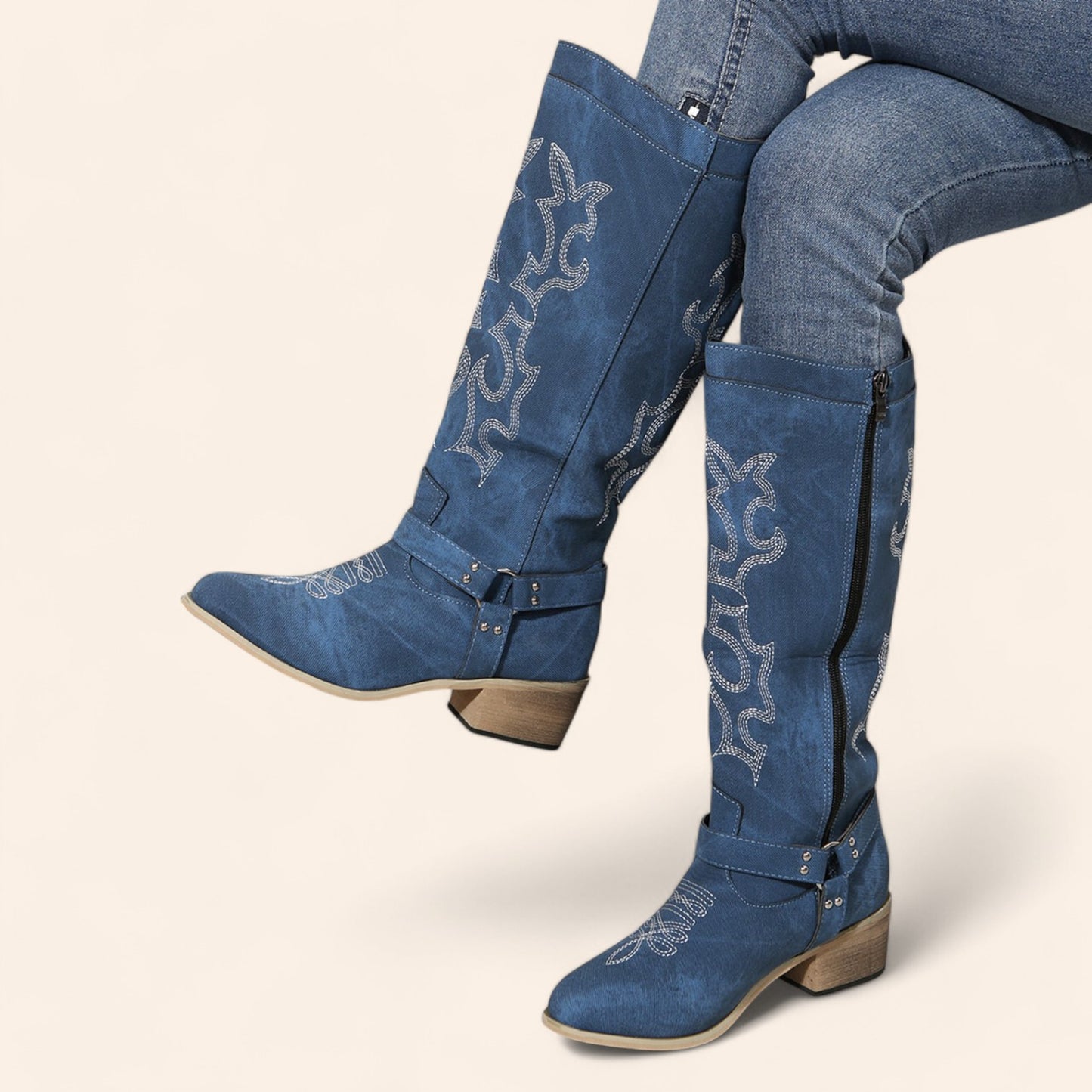 Wide blue cowboy boots with a buckle - N°143