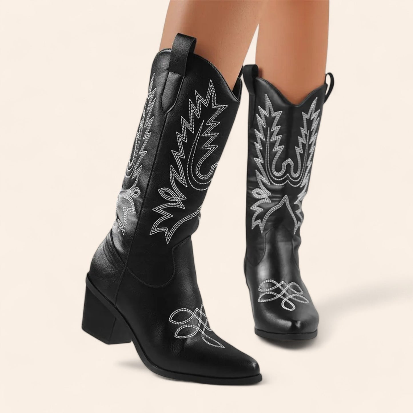 Black cowboy boots with embroidery and black soles - N°19