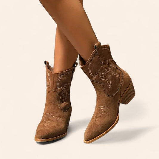 Brown suede cowboy ankle boots with embroidery - N°48