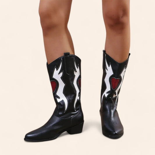 Black cowboy boots with white and red embroidery - N°26