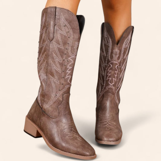 Brown cowboy boots with leaf embroidery - faded style - N°108