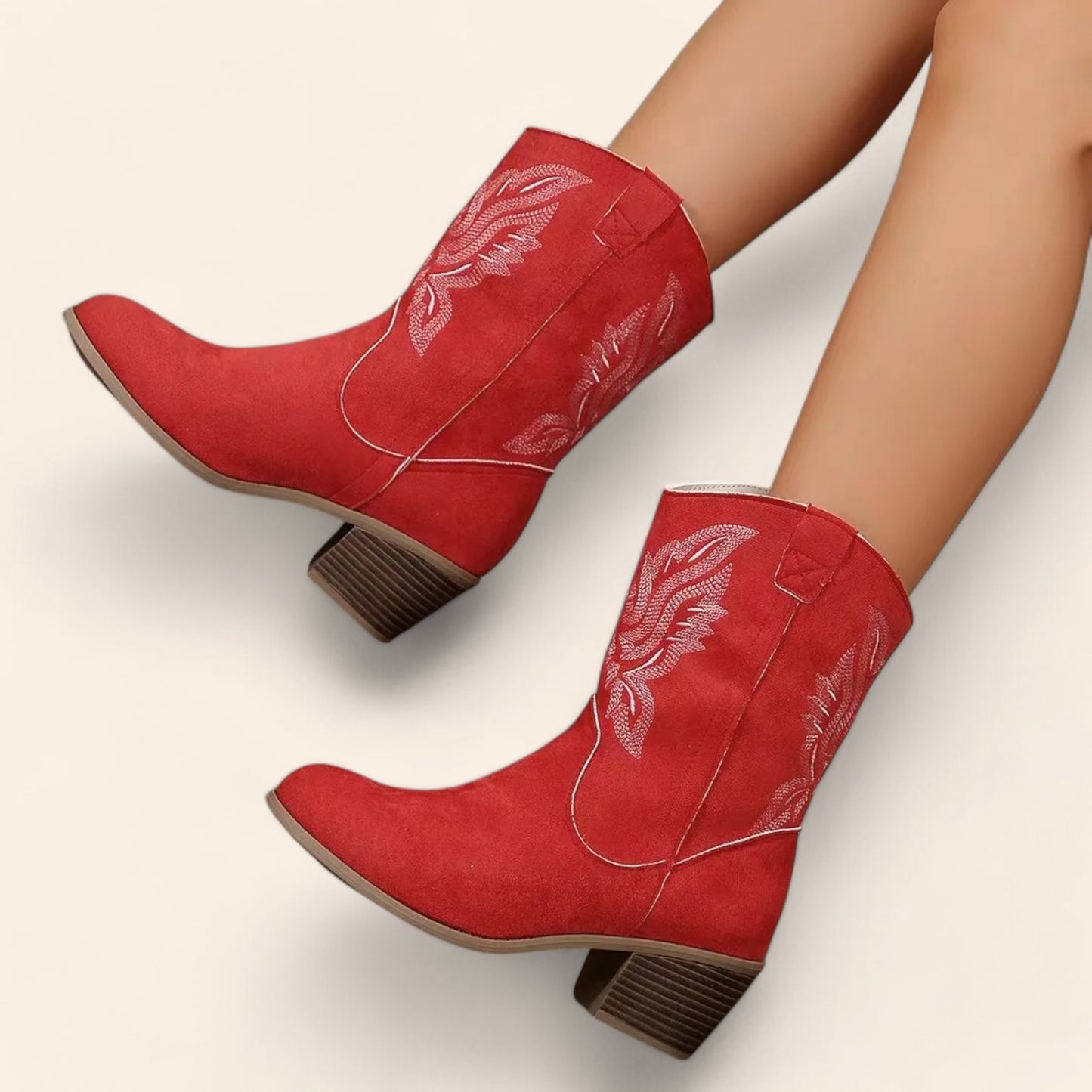 Red cowboy ankle boots with embroidery - N°81